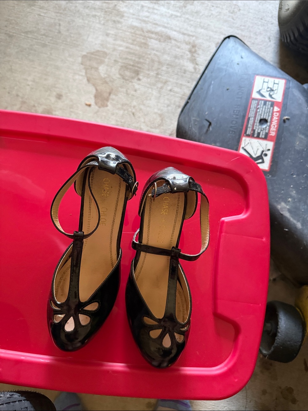 Chase + Chloe Black Patent T-Strap Heels with Cutout Detail